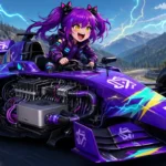 Chibi Aimee, a purple twin-tailed anime girl with black cat-shaped hair clips and a purple techwear jacket, drives an open-wheel Formula 1 car through a mountain switchback, laughing with one hand on the wheel. A silver Mac Studio sits exposed in the engine bay behind her, the Qwen logo is painted on the nose cone and rear wing, and cyan-and-yellow lightning arcs across the car against a backdrop of pine forest and distant peaks.