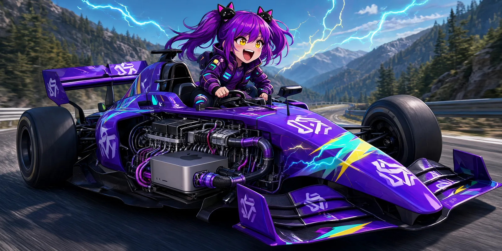 Chibi Aimee, a purple twin-tailed anime girl with black cat-shaped hair clips and a purple techwear jacket, drives an open-wheel Formula 1 car through a mountain switchback, laughing with one hand on the wheel. A silver Mac Studio sits exposed in the engine bay behind her, the Qwen logo is painted on the nose cone and rear wing, and cyan-and-yellow lightning arcs across the car against a backdrop of pine forest and distant peaks.