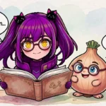 Aimee, the AIFinitee chibi mascot, reads a fairy-tale storybook and says Once Upon... while a cheerful chibi onion wearing round glasses replies A Time - a playful nod to engram lookup memory.