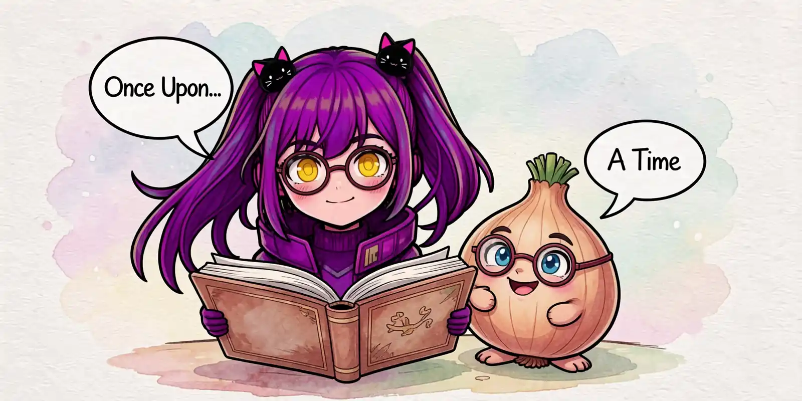 Aimee, the AIFinitee chibi mascot, reads a fairy-tale storybook and says Once Upon... while a cheerful chibi onion wearing round glasses replies A Time - a playful nod to engram lookup memory.