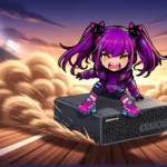 Chibi Aimee with purple cat-clip pigtails and yellow eyes rides a dark mini-PC like a horse at full gallop down a floodlit stadium track, a huge plume of dust and speed lines trailing behind at golden hour