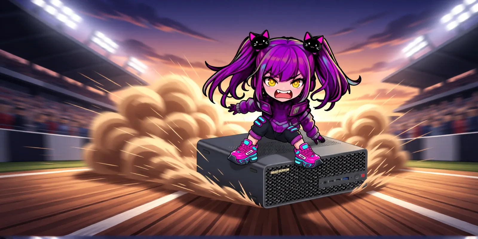 Chibi Aimee with purple cat-clip pigtails and yellow eyes rides a dark mini-PC like a horse at full gallop down a floodlit stadium track, a huge plume of dust and speed lines trailing behind at golden hour