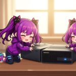 Banner: two purple-haired chibi anime girls affectionately hugging two AMD mini-PCs with glowing cyan accents, dark purple background