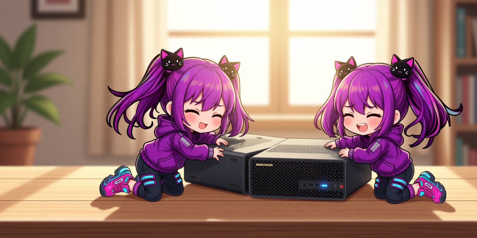 Banner: two purple-haired chibi anime girls affectionately hugging two AMD mini-PCs with glowing cyan accents, dark purple background
