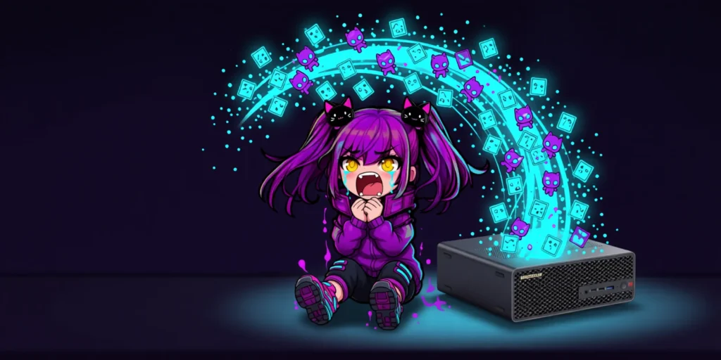 Crying chibi Aimee with purple pigtails wails with her mouth wide open as glowing data and folder icons stream out of her mini-PC in a cyan arc toward the cloud, dark purple background