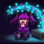 Crying chibi Aimee with purple pigtails wails with her mouth wide open as glowing data and folder icons stream out of her mini-PC in a cyan arc toward the cloud, dark purple background