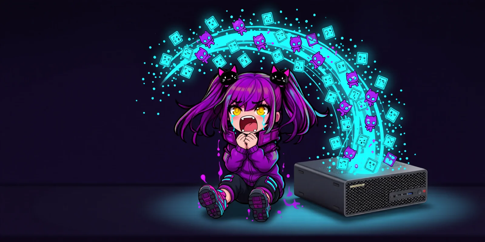 Crying chibi Aimee with purple pigtails wails with her mouth wide open as glowing data and folder icons stream out of her mini-PC in a cyan arc toward the cloud, dark purple background