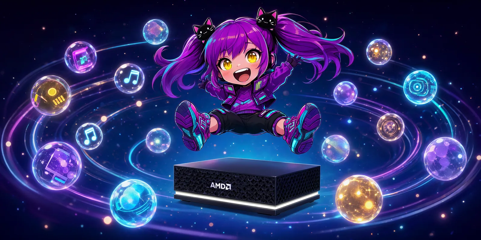 Gufo, the MIT-licensed Strix Halo inference engine, on one AMD Ryzen AI Max mini PC: chibi mascot Aimee floating in a ring of glowing orbs - one box, a whole playground of models