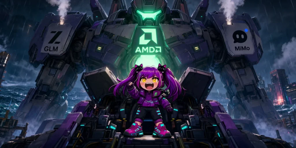 Chibi anime character before a giant mech bearing GLM and MiMo logos with a glowing AMD core - Kyojin runs GLM 5.3 Flash (320B) and MiMo V2.6 (309B) on one Strix Halo machine