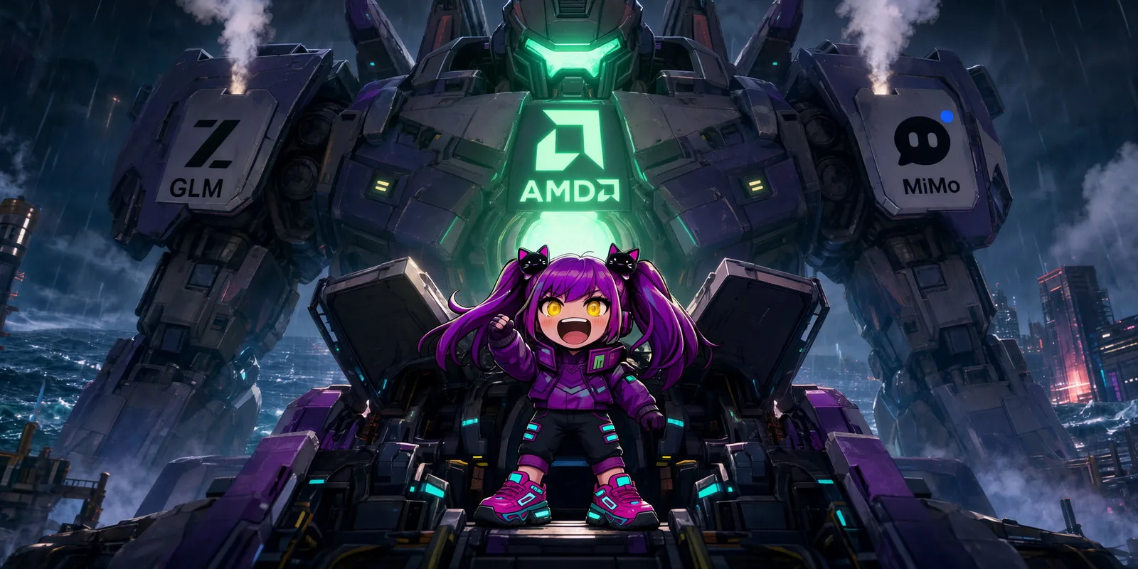 Chibi anime character before a giant mech bearing GLM and MiMo logos with a glowing AMD core - Kyojin runs GLM 5.3 Flash (320B) and MiMo V2.6 (309B) on one Strix Halo machine