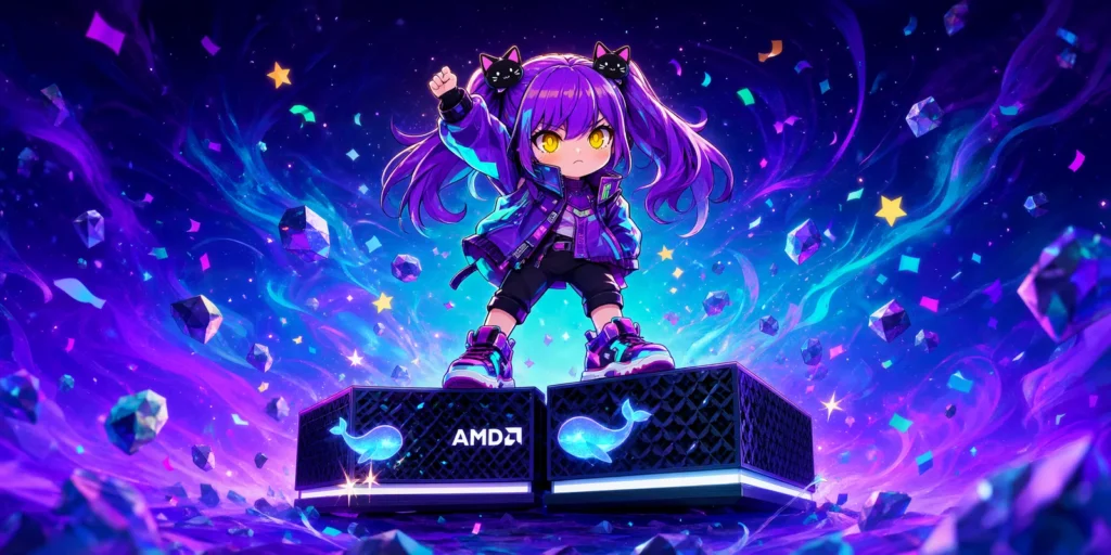 Aimee, a chibi anime girl with purple twin-tails, cheering triumphantly atop two AMD Strix Halo mini PCs with glowing whale glyphs on their grilles, against a purple cosmic nebula
