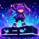 Aimee, a chibi anime girl with purple twin-tails, cheering triumphantly atop two AMD Strix Halo mini PCs with glowing whale glyphs on their grilles, against a purple cosmic nebula