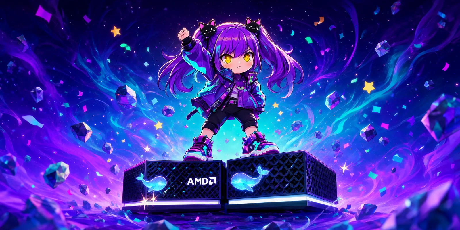 Aimee, a chibi anime girl with purple twin-tails, cheering triumphantly atop two AMD Strix Halo mini PCs with glowing whale glyphs on their grilles, against a purple cosmic nebula